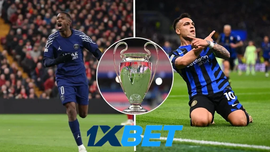 PSG vs Inter image with Champions League trophy